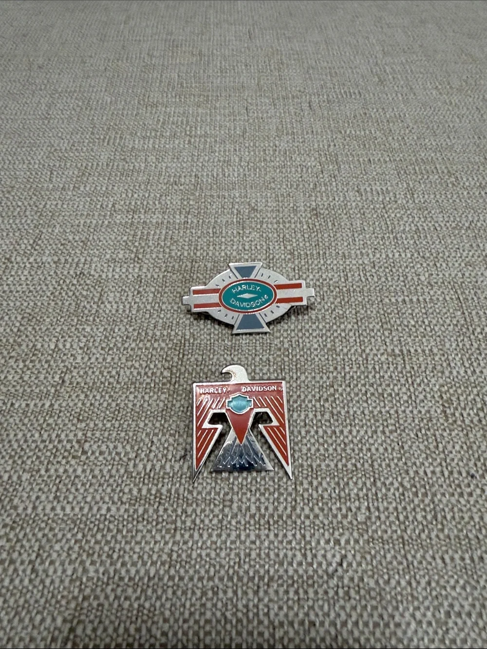 Harley-Davidson Red, Teal & Silver Enamel Pin Pair